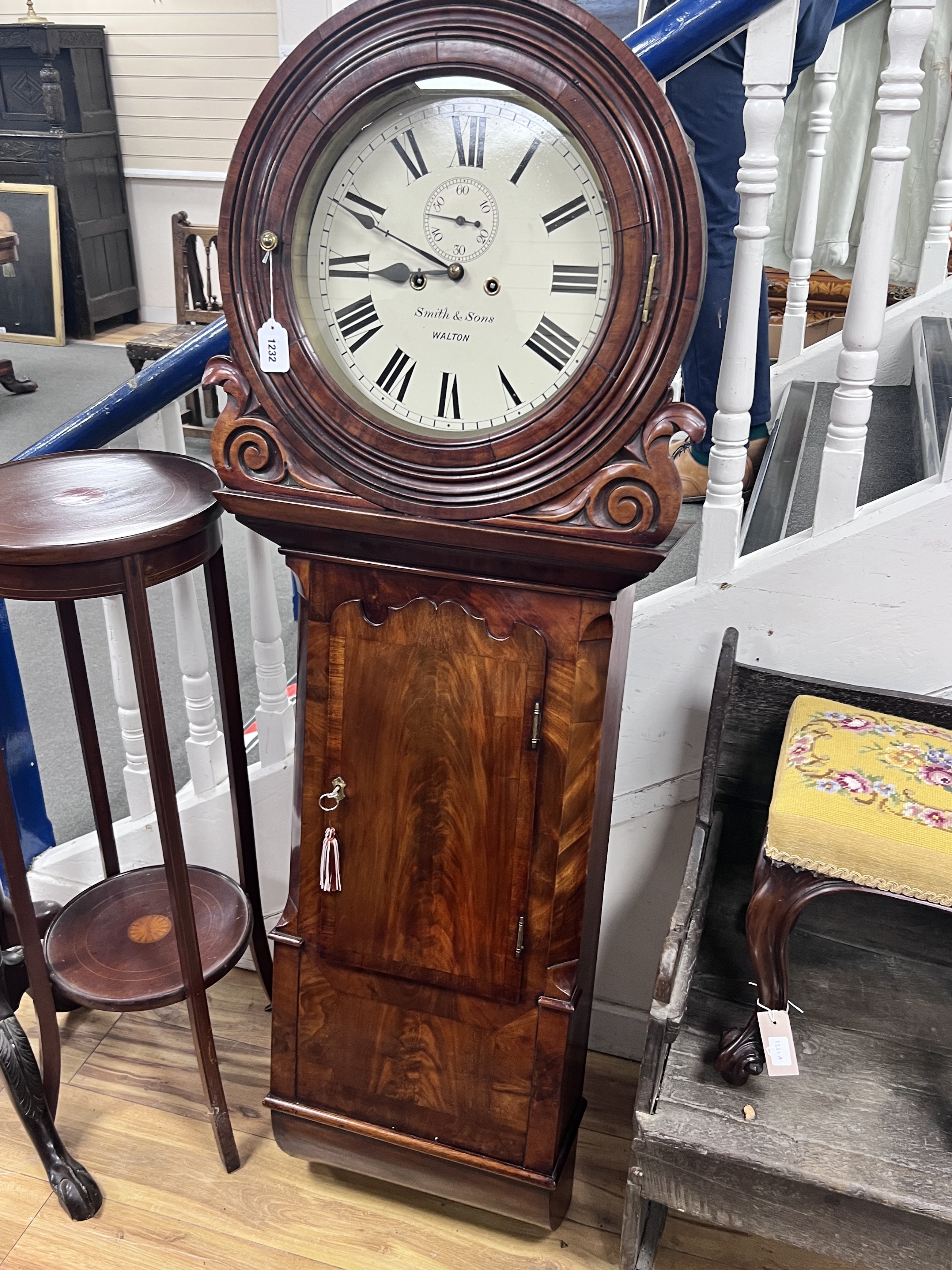 A Victorian mahogany Tavern clock with twin weight driven movement, marked Smith & Son, Walton, height 154cm